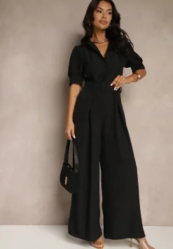 Czarny Kombinezon Taliowany Ozdobiony Klamrą Filenala