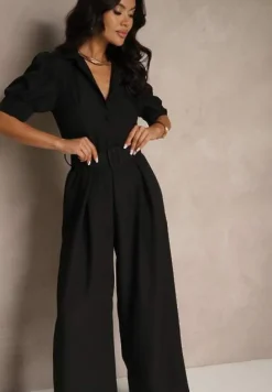 Czarny Kombinezon Taliowany Ozdobiony Klamrą Filenala