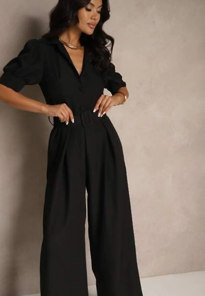 Czarny Kombinezon Taliowany Ozdobiony Klamrą Filenala