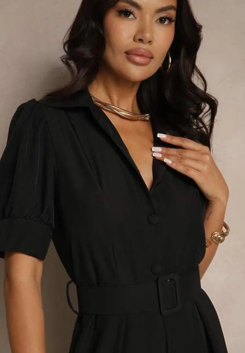 Czarny Kombinezon Taliowany Ozdobiony Klamrą Filenala