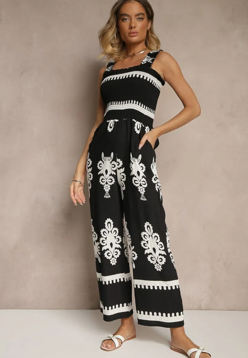 Czarny Kombinezon Wide Leg z Wiskozy na Ramiączkach Zdobiony Etnicznym Wzorem Melriti