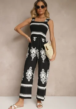 Czarny Kombinezon Wide Leg z Wiskozy na Ramiączkach Zdobiony Etnicznym Wzorem Melriti