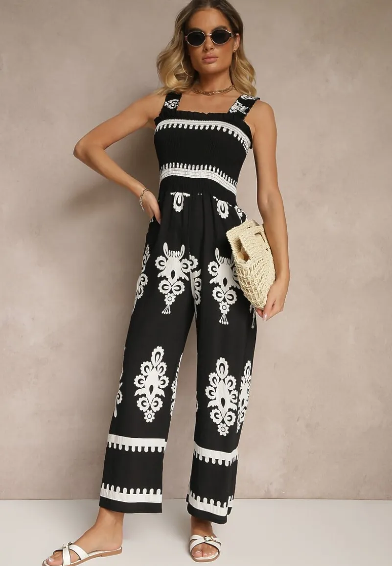 Czarny Kombinezon Wide Leg z Wiskozy na Ramiączkach Zdobiony Etnicznym Wzorem Melriti