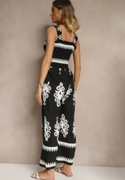 Czarny Kombinezon Wide Leg z Wiskozy na Ramiączkach Zdobiony Etnicznym Wzorem Melriti
