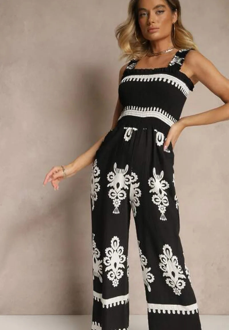 Czarny Kombinezon Wide Leg z Wiskozy na Ramiączkach Zdobiony Etnicznym Wzorem Melriti