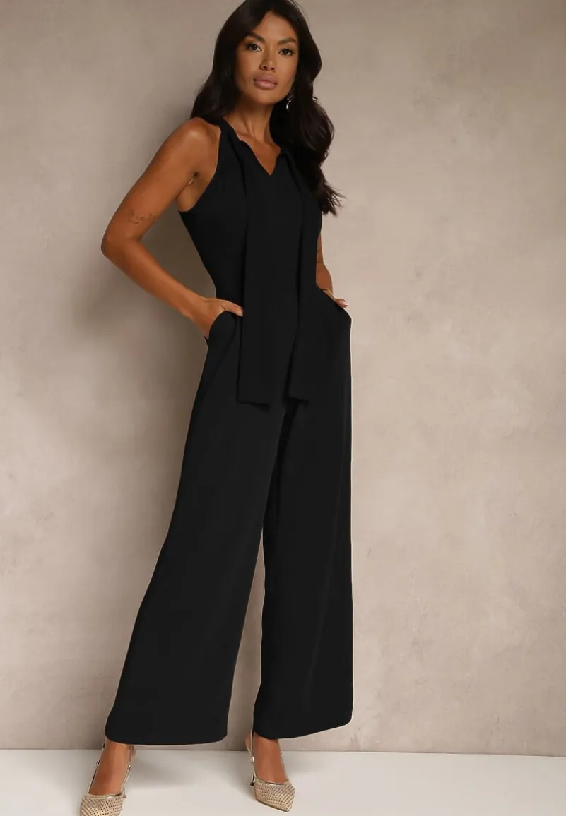 Czarny Kombinezon Wide Leg z Ozdobnym Wiązaniem przy Szyi Silelia