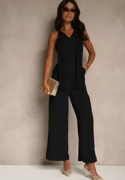 Czarny Kombinezon Wide Leg z Ozdobnym Wiązaniem przy Szyi Silelia