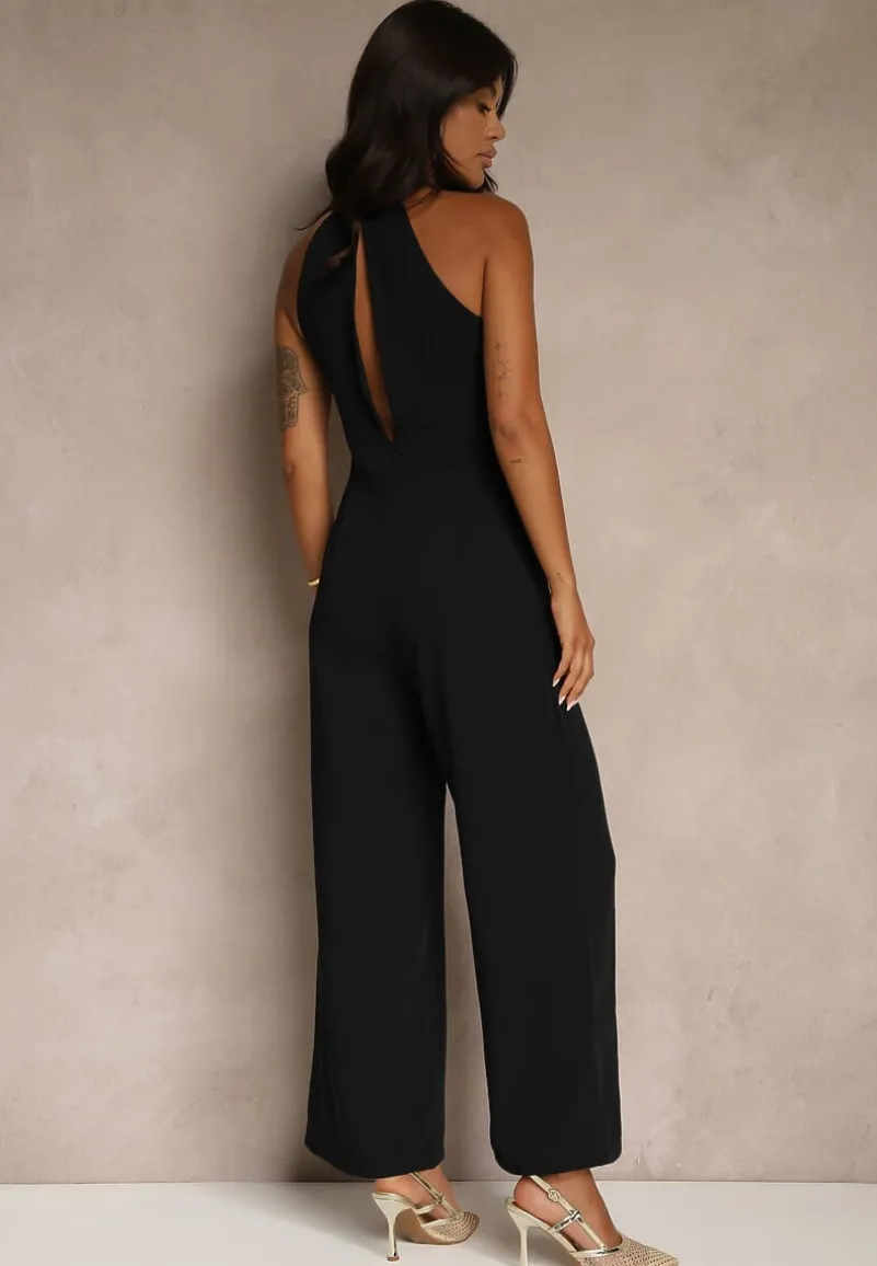 Czarny Kombinezon Wide Leg z Ozdobnym Wiązaniem przy Szyi Silelia