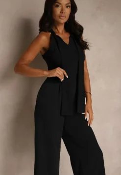 Czarny Kombinezon Wide Leg z Ozdobnym Wiązaniem przy Szyi Silelia