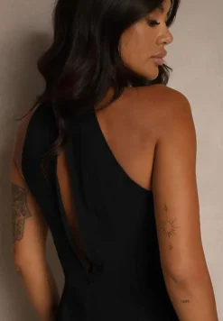 Czarny Kombinezon Wide Leg z Ozdobnym Wiązaniem przy Szyi Silelia