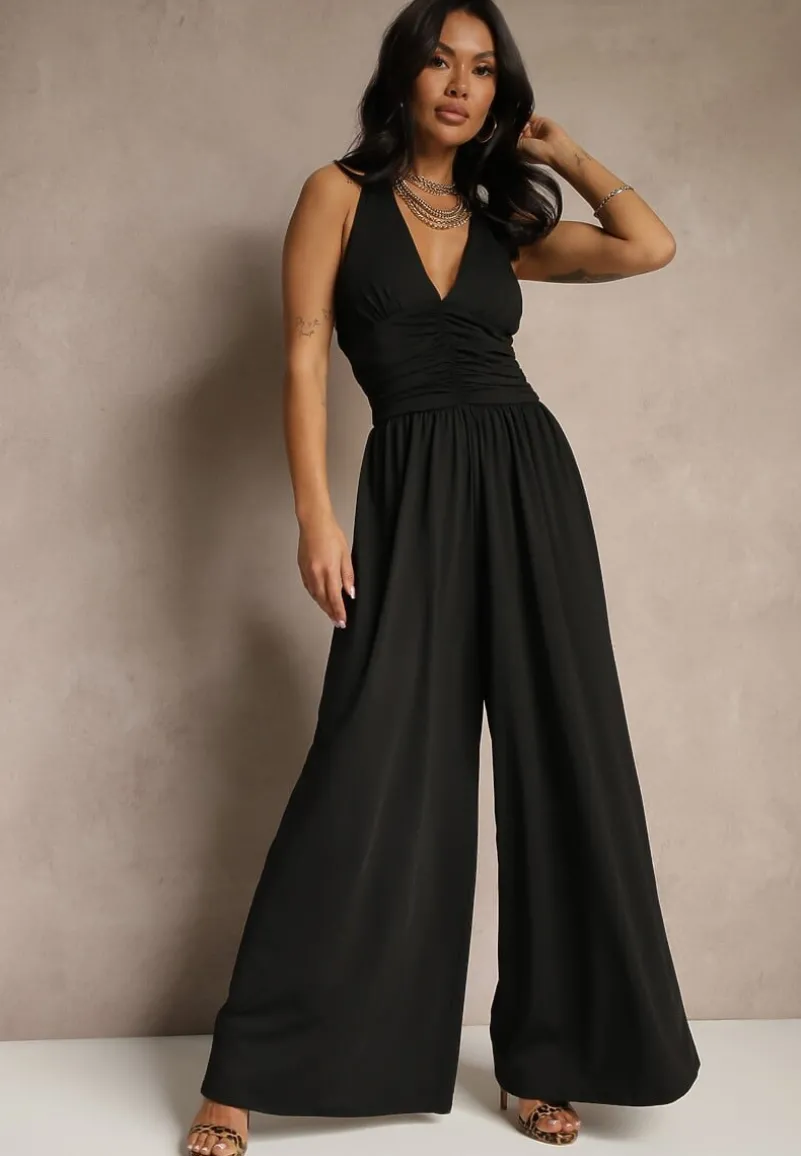 Czarny Kombinezon Wiązany na Szyi z Szerokimi Nogawkami Gelzedi