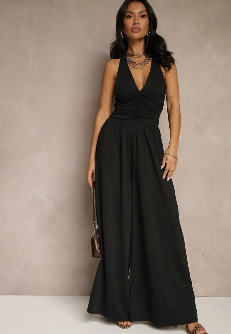 Czarny Kombinezon Wiązany na Szyi z Szerokimi Nogawkami Gelzedi