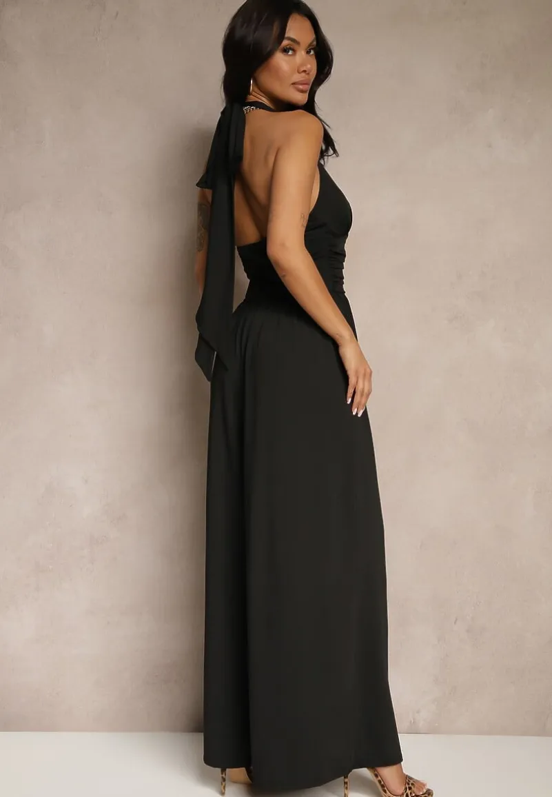 Czarny Kombinezon Wiązany na Szyi z Szerokimi Nogawkami Gelzedi