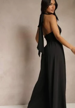 Czarny Kombinezon Wiązany na Szyi z Szerokimi Nogawkami Gelzedi