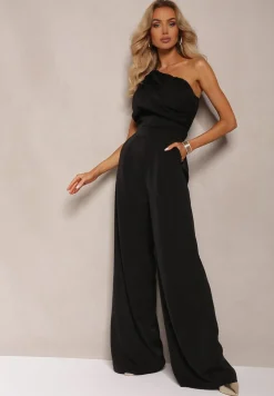Czarny Kombinezon z Asymetrycznym Dekoltem i Kieszeniami Benae