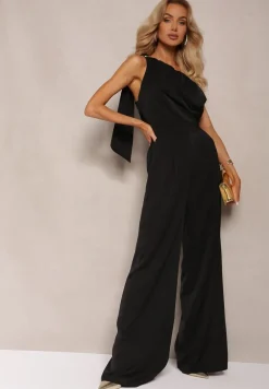 Czarny Kombinezon z Asymetrycznym Dekoltem i Kieszeniami Benae