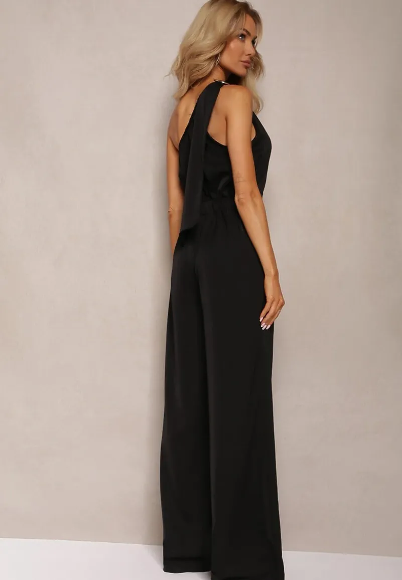Czarny Kombinezon z Asymetrycznym Dekoltem i Kieszeniami Benae