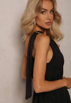 Czarny Kombinezon z Asymetrycznym Dekoltem i Kieszeniami Benae