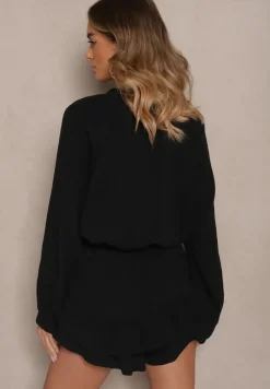 Czarny Kombinezon z Bawełny Ozdobiony Wiązaniem i Falbankami Nalelia