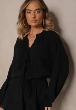 Czarny Kombinezon z Bawełny Ozdobiony Wiązaniem i Falbankami Nalelia