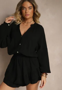 Czarny Kombinezon z Bawełny ze Spódnico-Spodenkami i Guzikami oraz Gumką w Talii Vimatthea