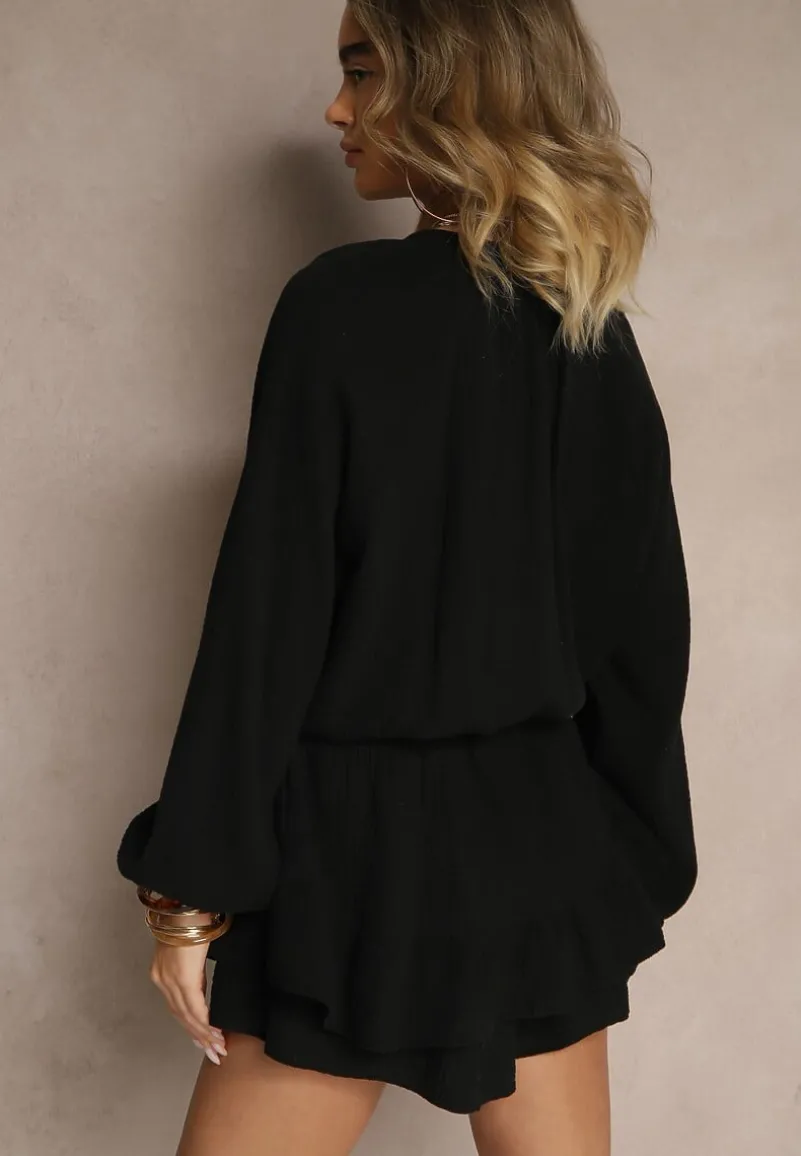 Czarny Kombinezon z Bawełny ze Spódnico-Spodenkami i Guzikami oraz Gumką w Talii Vimatthea