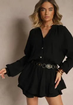 Czarny Kombinezon z Bawełny ze Spódnico-Spodenkami i Guzikami oraz Gumką w Talii Vimatthea