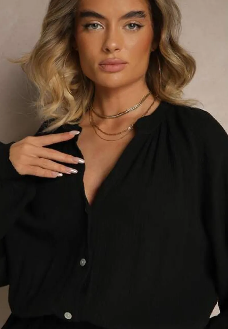 Czarny Kombinezon z Bawełny ze Spódnico-Spodenkami i Guzikami oraz Gumką w Talii Vimatthea