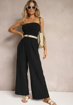 Czarny Kombinezon z Bawełny z Długimi Nogawkami Ozdobiony Marszczoną Górą Moraena