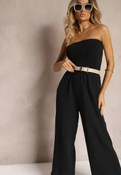 Czarny Kombinezon z Bawełny z Długimi Nogawkami Ozdobiony Marszczoną Górą Moraena