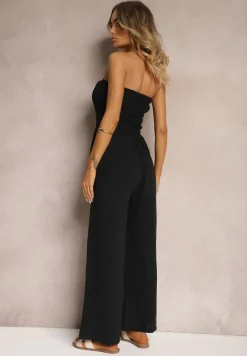 Czarny Kombinezon z Bawełny z Długimi Nogawkami Ozdobiony Marszczoną Górą Moraena