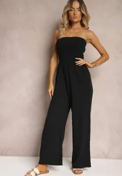 Czarny Kombinezon z Bawełny z Długimi Nogawkami Ozdobiony Marszczoną Górą Moraena