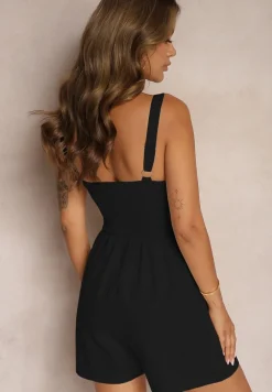 Czarny Kombinezon z Bawełny na Ramiączkach z Regulacją Ozdobiony Paskiem w Talii Ulnea