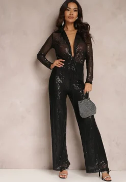 Czarny Kombinezon z Cekinami i Kołnierzykiem Coopis