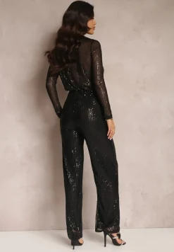 Czarny Kombinezon z Cekinami i Kołnierzykiem Coopis
