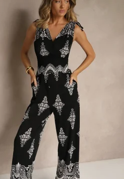 Czarny Kombinezon z Dekoltem w Kształcie Litery V Zdobiony Etnicznym Printem Izlina