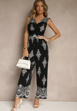 Czarny Kombinezon z Dekoltem w Kształcie Litery V Zdobiony Etnicznym Printem Izlina