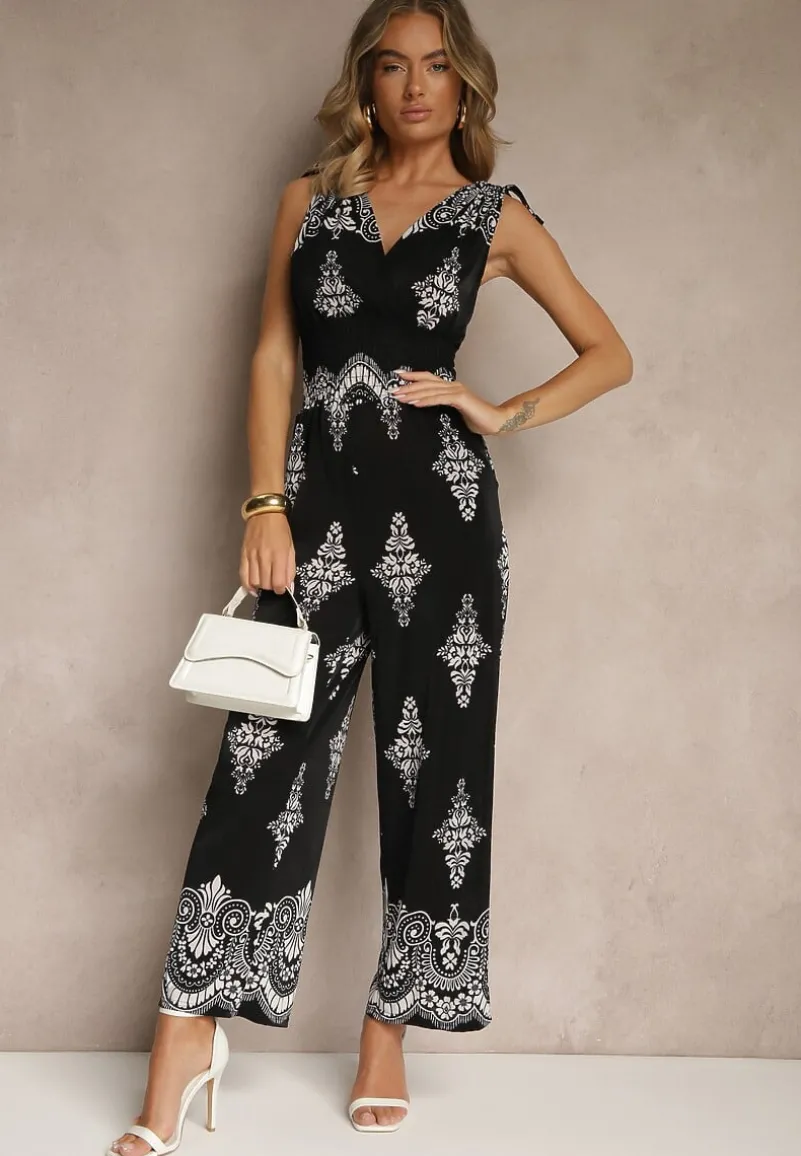 Czarny Kombinezon z Dekoltem w Kształcie Litery V Zdobiony Etnicznym Printem Izlina