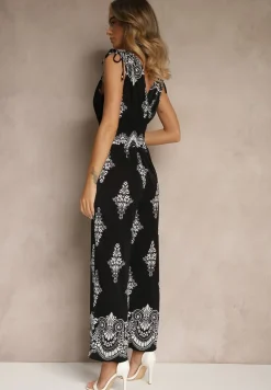 Czarny Kombinezon z Dekoltem w Kształcie Litery V Zdobiony Etnicznym Printem Izlina