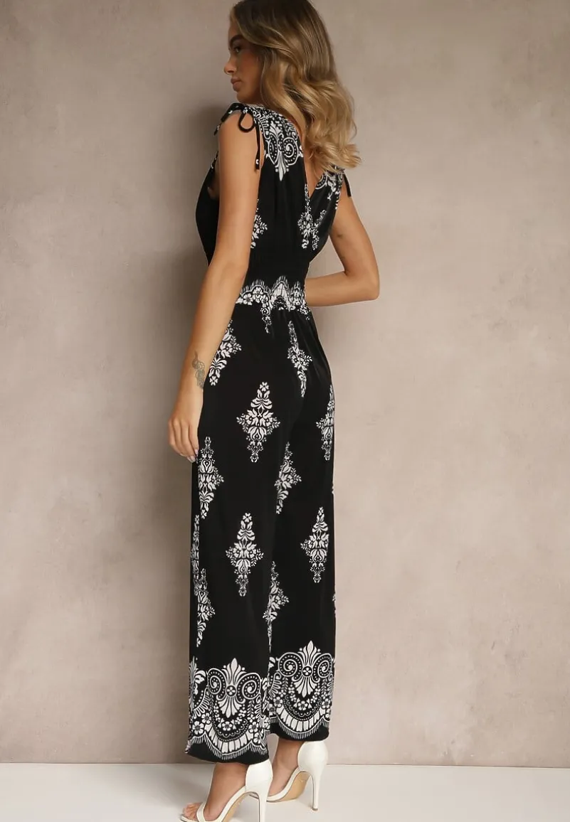 Czarny Kombinezon z Dekoltem w Kształcie Litery V Zdobiony Etnicznym Printem Izlina