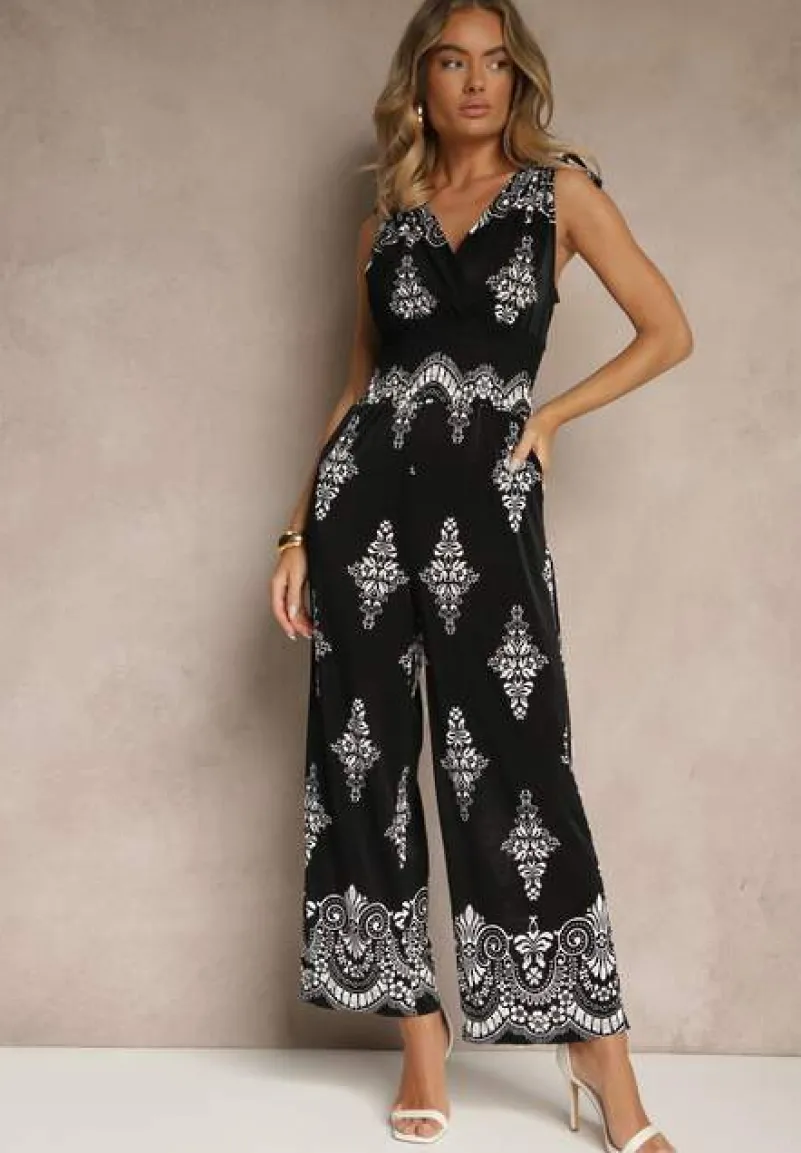 Czarny Kombinezon z Dekoltem w Kształcie Litery V Zdobiony Etnicznym Printem Izlina