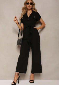 Czarny Kombinezon z Długimi Nogawkami i Krótkim Rękawem z Guzikami i Paskiem Jolmeria