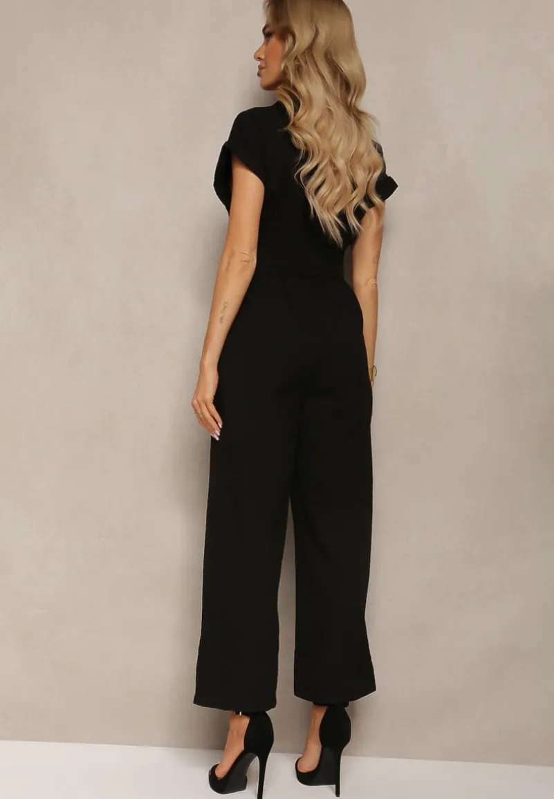 Czarny Kombinezon z Długimi Nogawkami i Krótkim Rękawem z Guzikami i Paskiem Jolmeria