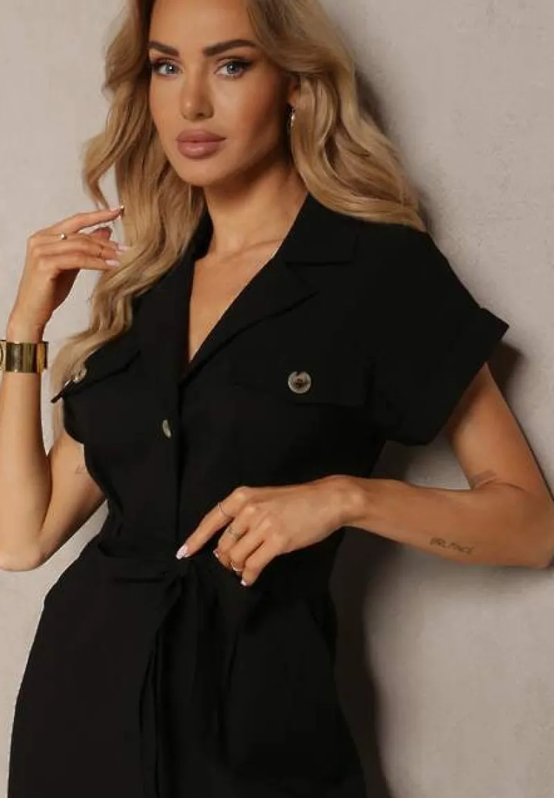 Czarny Kombinezon z Długimi Nogawkami i Krótkim Rękawem z Guzikami i Paskiem Jolmeria