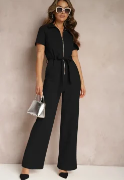 Czarny Kombinezon z Elastycznej Bawełny z Suwakiem i Wiązanym Paskiem Ecatra