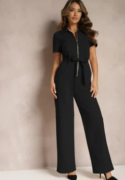 Czarny Kombinezon z Elastycznej Bawełny z Suwakiem i Wiązanym Paskiem Ecatra