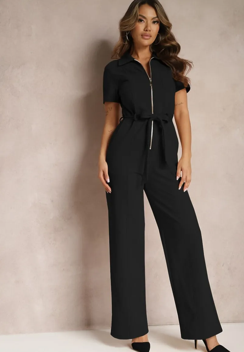 Czarny Kombinezon z Elastycznej Bawełny z Suwakiem i Wiązanym Paskiem Ecatra