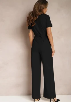 Czarny Kombinezon z Elastycznej Bawełny z Suwakiem i Wiązanym Paskiem Ecatra