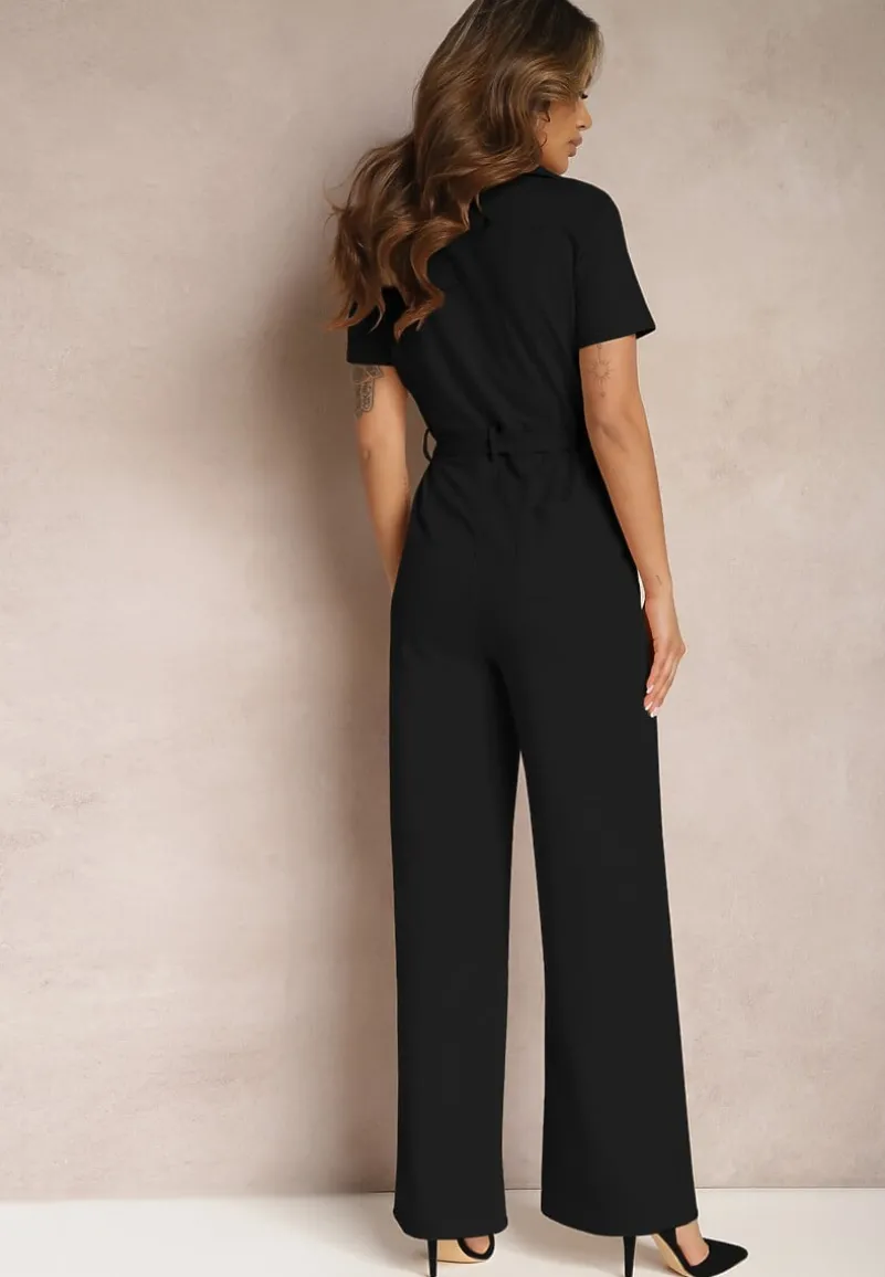 Czarny Kombinezon z Elastycznej Bawełny z Suwakiem i Wiązanym Paskiem Ecatra