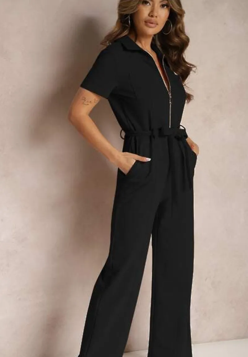 Czarny Kombinezon z Elastycznej Bawełny z Suwakiem i Wiązanym Paskiem Ecatra